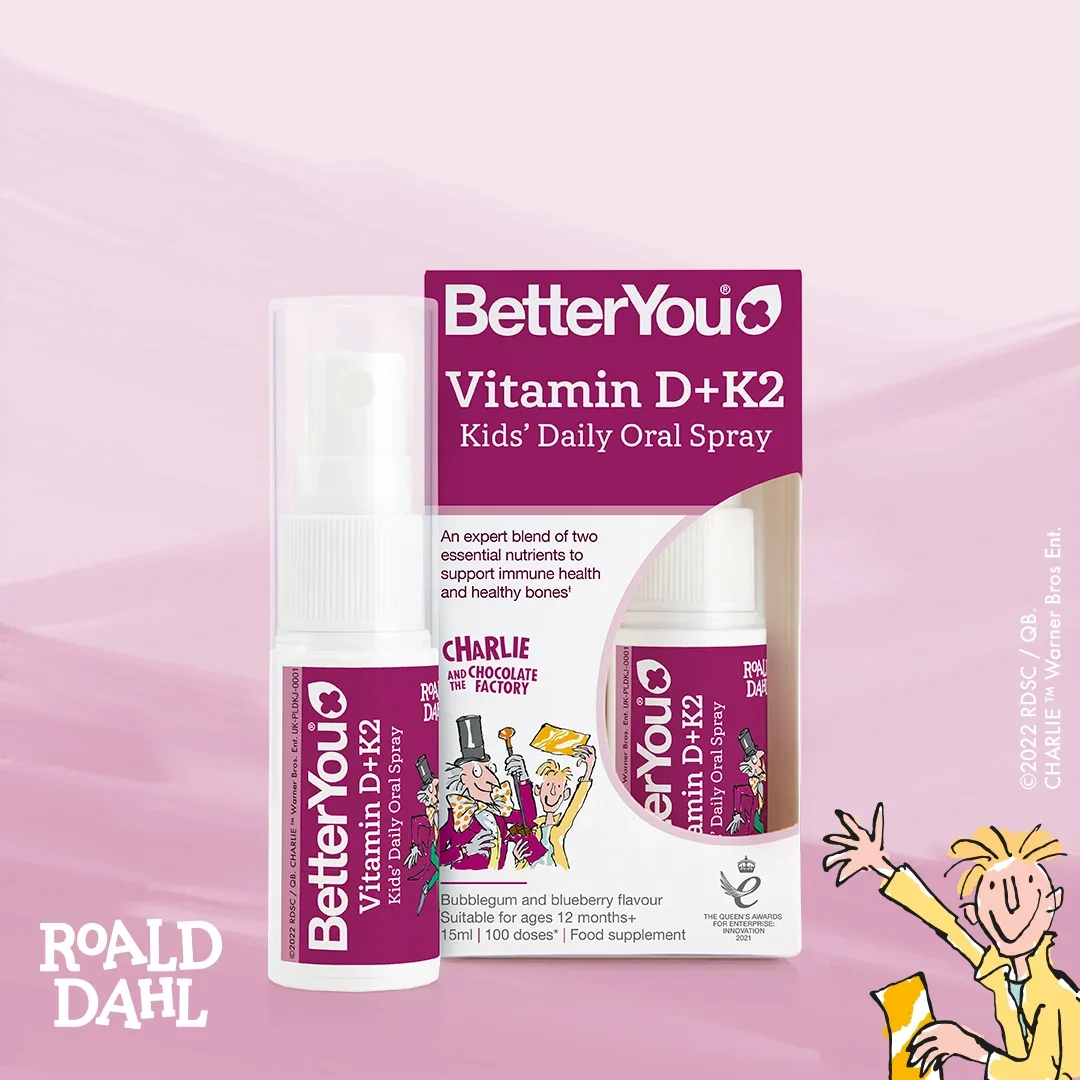 BetterYou Vitamin D+K2 Kid's Daily Oral Spray, Bubblegum & Blueberry