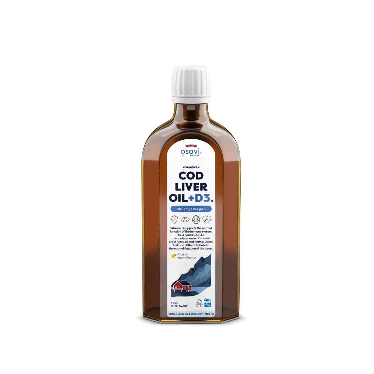 Osavi Norwegian Cod Liver Oil + D3, 1000mg Omega 3 (Lemon)